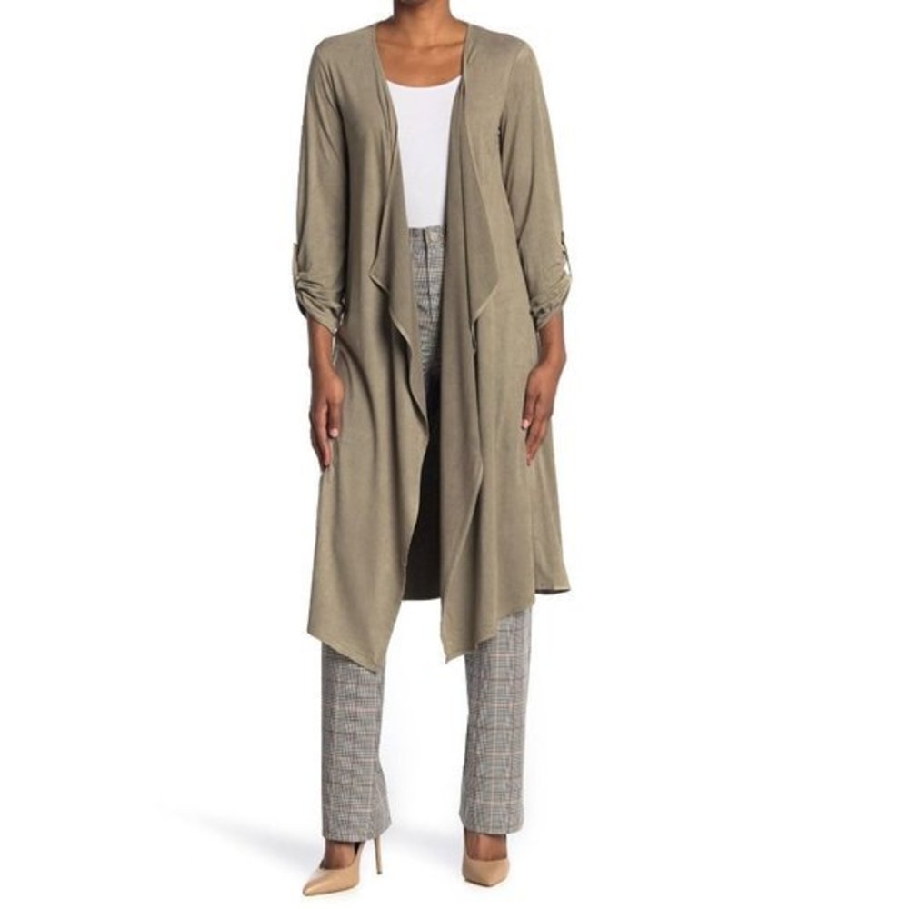 T TAHARI Faux Suede Tab Sleeve Draped Cardigan in Basil NWT